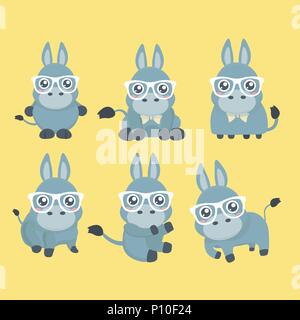 Vector set cute donkey in cartoon style. Collection isolated funny donkey in different pose. Stock Vector