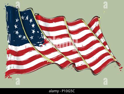 Vector grange Illustration of an American Revolution Betsy Ross waving Flag. All elements neatly on well defined layers Stock Vector