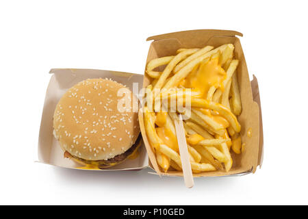 Tasty burger and french fries with yellow cheese, fast food and unhealthy eating concept, fast food snacks isolated in white background top view with  Stock Photo