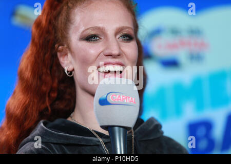 Jess Glynne in the on air studio during Capital's Summertime Ball with Vodafone at Wembley Stadium, London. PRESS ASSOCIATION Photo. This summer's hottest artists performed live for 80,000 Capital listeners at Wembley Stadium at the UK's biggest summer party. Performers included Camila Cabello, Shawn Mendes, Rita Ora, Charlie Puth, Jess Glyne, Craig David, Anne-Marie, Rudimental, Sean Paul, Clean Bandit, James Arthur, Sigala, Years & Years, Jax Jones, Raye, Jonas Blue, Mabel, Stefflon Don, Yungen and G-Eazy. Picture date: Saturday June 9, 2018. Photo credit should read: Lauren Hurley/PA Wire Stock Photo