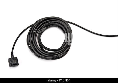 Black electric cable on white background. Stock Photo