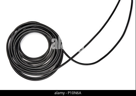 Black electric cable on white background. Stock Photo