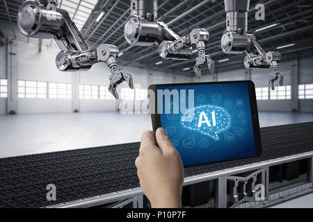Human hand holding 3d rendering digital tablet with ai display Stock Photo