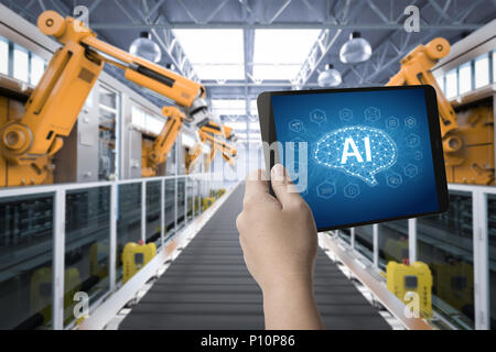 Human hand holding 3d rendering digital tablet with ai display Stock Photo