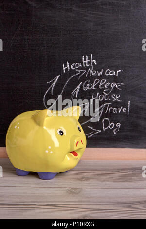 Yellow pig moneybox. Money savings in moneybox for health, new car, college, house, travel and dog. Stock Photo