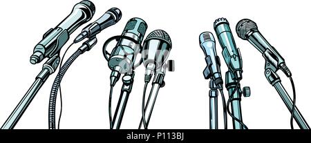 many microphones interview background Stock Vector