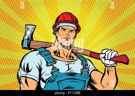 Woodcutter. Working with the axe Stock Vector