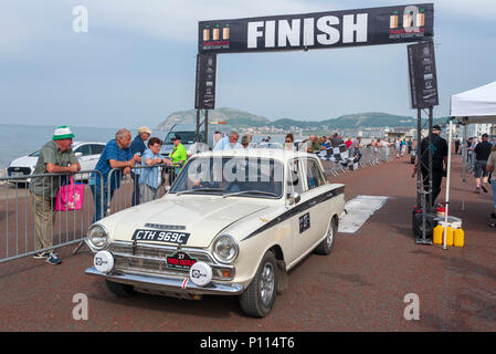 The finish at Llandudno of the 2018 3 Castles Trial motor event for vintage cars. Lotus Cortina. Stock Photo