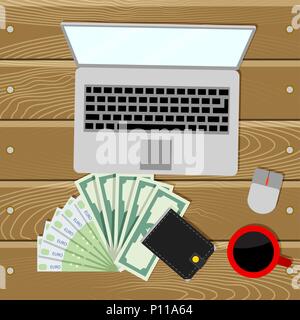 Financial audit top view accounting jobs. Illustration of financial management, banknote money and laptop computer vector Stock Vector