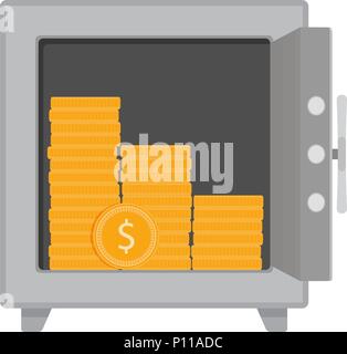 Golden coins in safe. Money storage vector. Safe with cash, money gold storage illustration Stock Vector