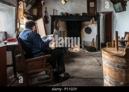 Living room in the Croft House Museum / Crofthouse Museum, restored 19th century cottage at Boddam, Dunrossness, Shetland Islands, Scotland, UK Stock Photo