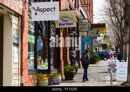 Shops along Harris Avenue, Historic Fairhaven District, Bellingham, Washington, USA Stock Photo