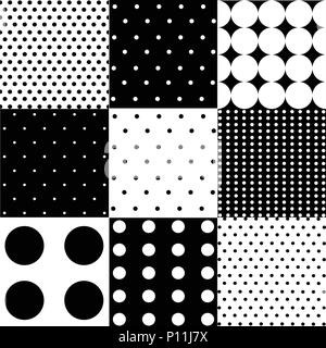 Seamless black, white vector pattern or background set with big and small polka dots Stock Vector