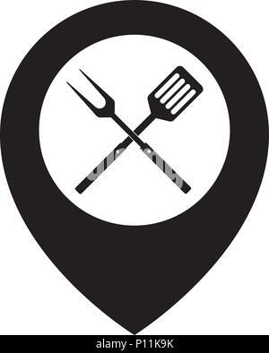 Food Location Icon Logo Design Element. BBQ or grill tools icon. Crossed barbecue fork with spatula and map pointer. Black simple silhouette. Vector f Stock Vector
