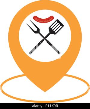 Food Location Icon Logo Design Element. BBQ or grill tools icon. Crossed barbecue fork with spatula and map pointer. Black simple silhouette. Vector f Stock Vector