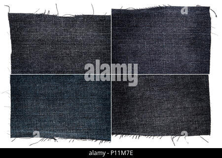 Collection of dark jeans fabric textures isolated on white background. Rough uneven edges. Rectangular composite image of jeans textures Stock Photo