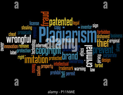 Plagiarism, word cloud concept on black background. Stock Photo