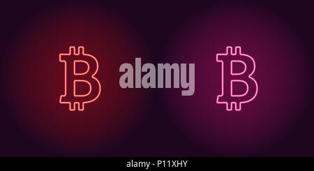 Neon icon of Red and Pink Bitcoin. Vector illustration of Red and Pink Neon Bitcoin consisting of neon outlines, with backlight on the dark background Stock Vector