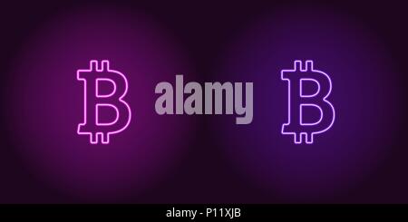 Neon icon of Purple and Violet Bitcoin. Vector illustration of Purple and Violet Neon Bitcoin consisting of neon outlines, with backlight on the dark  Stock Vector
