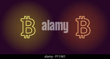 Neon icon of Yellow and Orange Bitcoin. Vector illustration of Yellow and Orange Neon Bitcoin consisting of neon outlines, with backlight on the dark  Stock Vector