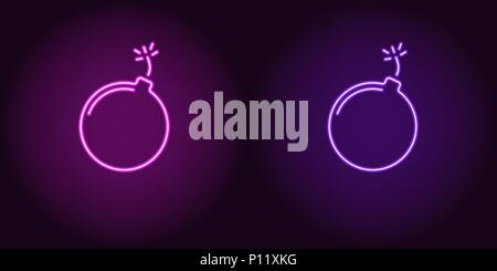 Neon icon of Purple and Violet Bomb. Vector illustration of Purple and Violet Neon Bomb consisting of neon outlines, with backlight on the dark backgr Stock Vector