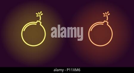 Neon icon of Yellow and Orange Bomb. Vector illustration of Yellow and Orange Neon Bomb consisting of neon outlines, with backlight on the dark backgr Stock Vector
