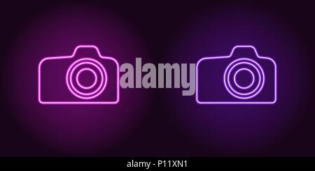 Neon icon of Purple and Violet Photo Camera. Vector illustration of Purple and Violet Neon Camera consisting of neon outlines, with backlight on the d Stock Vector