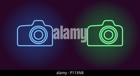 Neon icon of Blue and Green Photo Camera. Vector illustration of Blue and Green Neon Camera consisting of neon outlines, with backlight on the dark ba Stock Vector