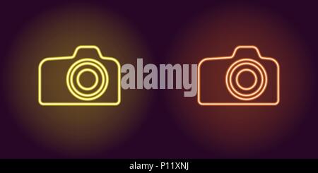 Neon icon of Yellow and Orange Photo Camera. Vector illustration of Yellow and Orange Neon Camera consisting of neon outlines, with backlight on the d Stock Vector