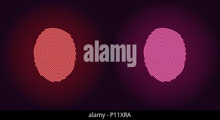 Neon icon of Red and Pink Fingerprint. Vector illustration of Red and Pink Scanning System of User Fingerprint consisting of neon outlines, with backl Stock Vector