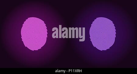 Neon icon of Purple and Violet Fingerprint. Vector illustration of Purple and Violet Scanning System of User Fingerprint consisting of neon outlines,  Stock Vector