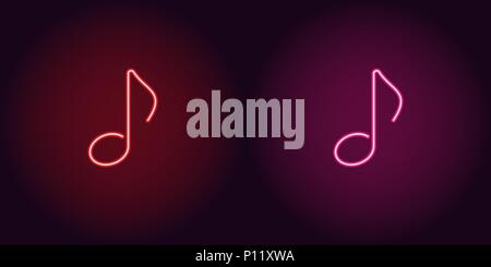Neon icon of Red and Pink Musical Note. Vector illustration of Neon Musical Note consisting of neon outlines, with backlight on the dark background Stock Vector