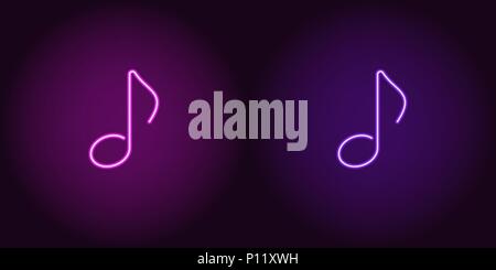 Neon icon of Purple and Violet Musical Note. Vector illustration of Neon Musical Note consisting of neon outlines, with backlight on the dark backgrou Stock Vector