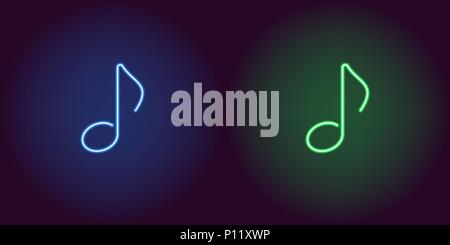 Neon icon of Blue and Green Musical Note. Vector illustration of Neon Musical Note consisting of neon outlines, with backlight on the dark background Stock Vector