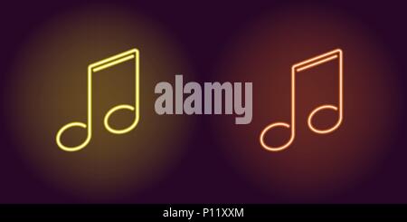 Neon icon of Yellow and Orange Musical Note. Vector illustration of Neon Musical Note consisting of neon outlines, with backlight on the dark backgrou Stock Vector
