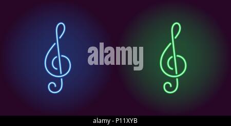 Neon icon of Blue and Green Musical Note. Vector illustration of Neon Treble Clef consisting of neon outlines, with backlight on the dark background Stock Vector