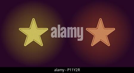 Neon icon of Yellow and Orange Star. Vector illustration of Neon Star consisting of neon outlines, with backlight on the dark background Stock Vector