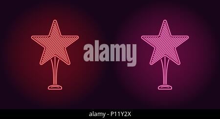 Neon icon of Red and Pink Award. Vector illustration of Star Trophy consisting of neon outlines, with backlight on the dark background Stock Vector