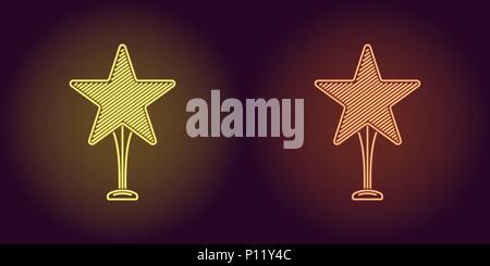 Neon icon of Yellow and Orange Award. Vector illustration of Star Trophy consisting of neon outlines, with backlight on the dark background Stock Vector
