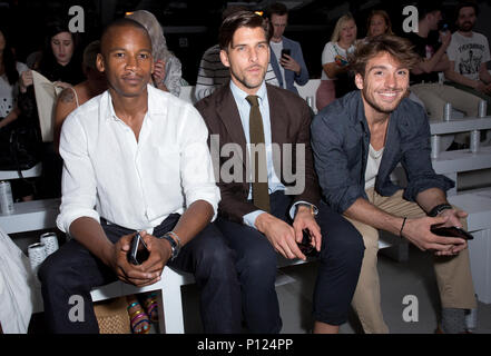 (left to right) Eric Underwood, Johannes Huebl and Deano Bugatti on the front row during the Christopher Raeburn London Fashion Week Men's SS19 show at the BFC Spaceshow, London. PRESS ASSOCIATION. Picture date: Sunday June 10, 2018. Photo credit should read: Isabel Infantes/PA Image Stock Photo