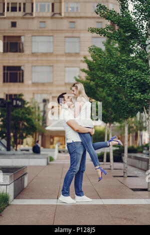 Loving couple walks in Chicago Stock Photo
