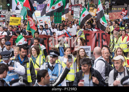 London, September 17th 2016. Several thousand protesters take to the streets of central London to support refugees coming to the UK. Beginning at Park Stock Photo