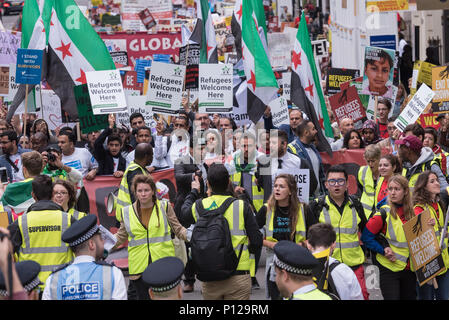 London, September 17th 2016. Several thousand protesters take to the streets of central London to support refugees coming to the UK. Beginning at Park Stock Photo