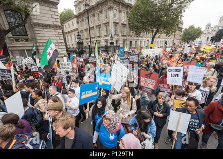 London, September 17th 2016. Several thousand protesters take to the streets of central London to support refugees coming to the UK. Beginning at Park Stock Photo