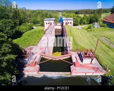 Giant concrete lock Piaski (Sandhof) in Guja - part of the Masurian Canal which was intended to connect the Great Masurian Lakes with the Baltic sea,  Stock Photo