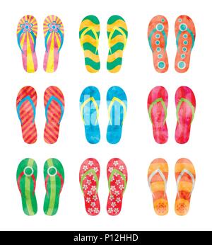 Colorful flip flops set Illustration in watercolor style Stock Vector