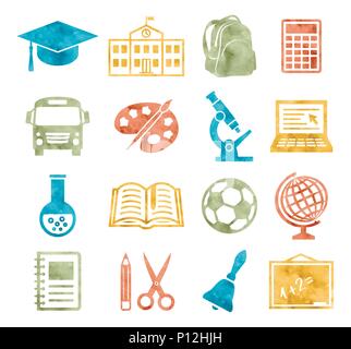 School and Education Icons Watercolor style Stock Vector