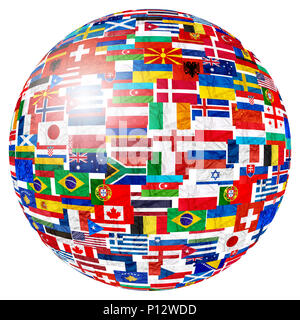 Flags of world countries and in sphere globe shape on white background: England Russia Italy Spain Scotland Germany US, China Greece France Brazil Jap Stock Photo