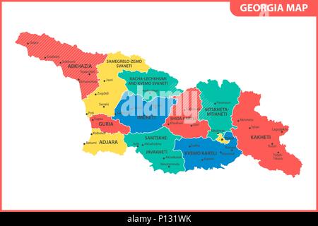 The detailed map of the Georgia with regions or states and cities, capital. Administrative division. South Ossetia and Abkhazia are marked as a disput Stock Vector