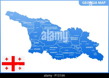 The detailed map of the Georgia with regions or states and cities, capital. Administrative division. South Ossetia and Abkhazia are marked as a disput Stock Vector